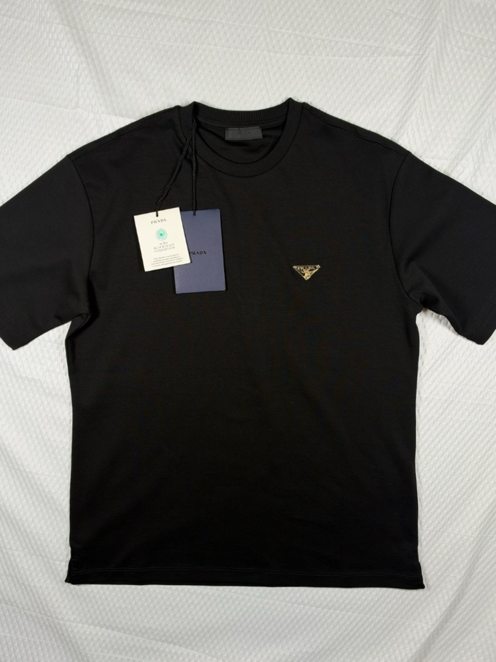 PRADA MEN'S BLACK COTTON T-SHIRT SIZE SMALL BOXY FIT TRIANGLE LOGO EXCELLENT NWT - Picture 5 of 10
